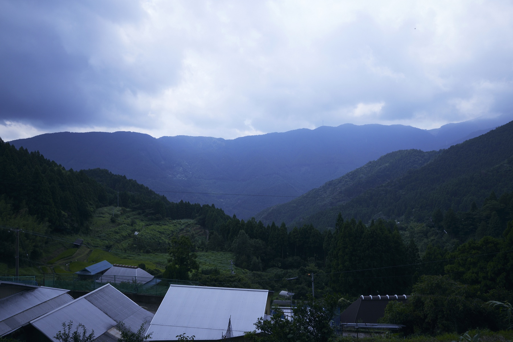 四国の山あいに広がる集落と稲田